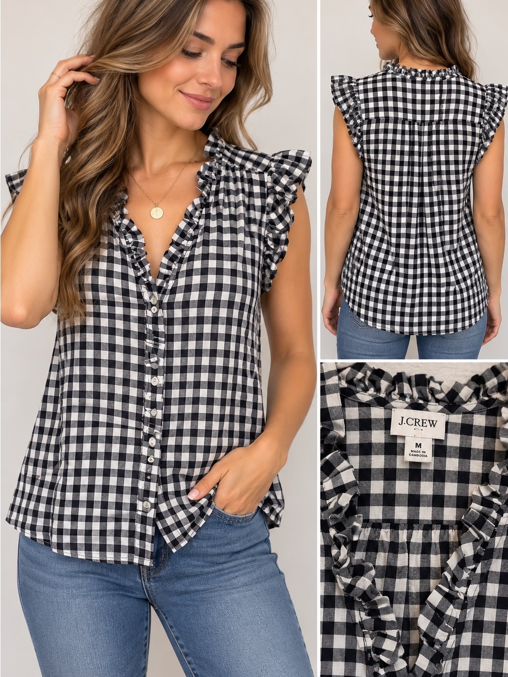 J. Crew Black & White Gingham Ruffle Sleeve Button Front Top